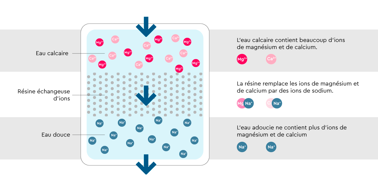 Le graphique explique le fonctionnement d'un adoucisseur d'eau/d'une installation de détartrage